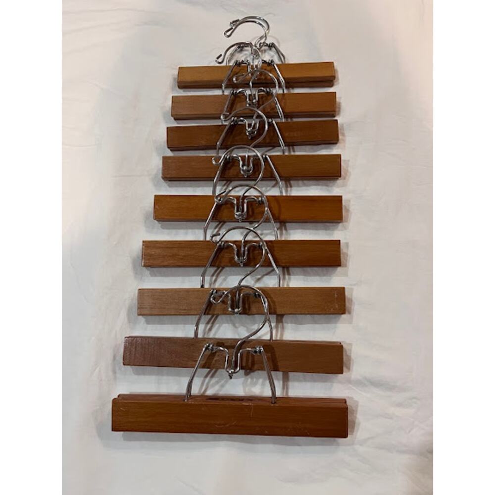 Vintage Shiny Wood Hangers 9" Metal Clamps Grip Bar Set of 9